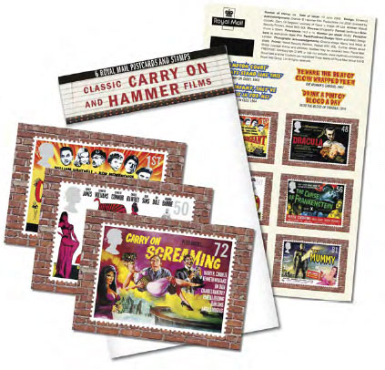 royal mail postcards showing Classic Carry On and Hammer Horror film posters.