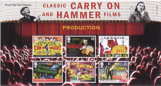 Royal Mail presentation pack for Carry On and Hammer 
Horror stamps.