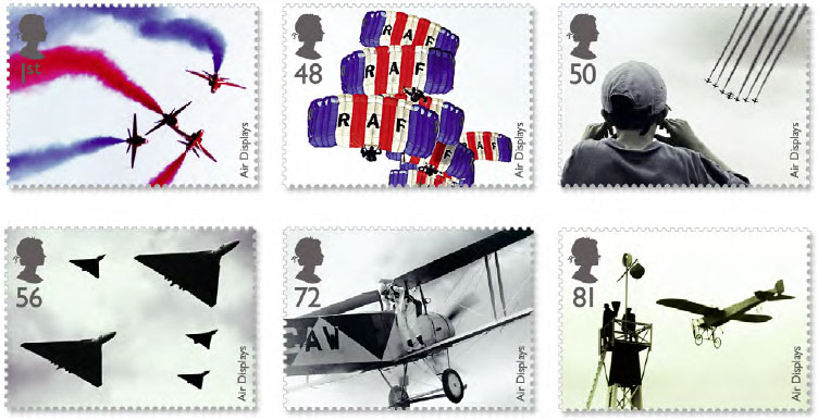 Set of 6 stamps showing views of air displays, including old and modern aircraft and a parachute display team.