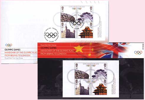 Royal Mail first day cover and presentation pack for OlympicHandover miniature sheet issued 22 August 2008.