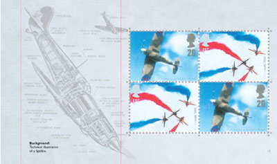 RAF prestige stamp book pane 3 Red Arrows 1st class, and Spitfire 20p stamps.