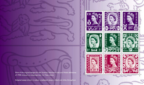 Pane 1 from 50th Anniversary of Regional Stamps PSB showing stamps of Scotland, Wales and Northern Irealnd.