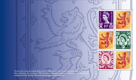 Pane 2 from 50th Anniversary of Regional Stamps PSB showing stamps of Scotland, Wales and Northern Irealnd.
