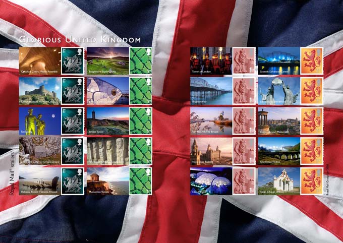 Glorious United Kingdom Smilers sheet of stamps showing man-made landmarks around the UK.