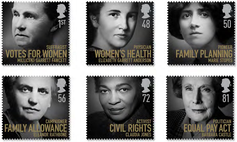 Set of 6 new british stamps showing Marie Stopes, Claudia 	Jones, Millicent Garrett Fawcett, Elizabeth Garrett 
Anderson, Eleanor Rathbone, Barbara Castle.