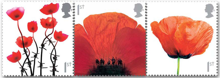 strip of 3 x 1st class poppy stamps first issued 2006, 2007, 2008.