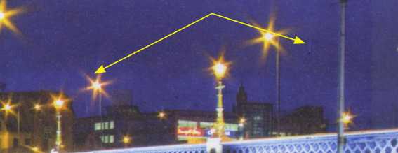 enlargement of 78p Queen's bridge stamp showing 'shooting stars'