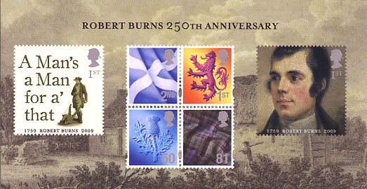 Stamp Miniature sheet issued to commemorate the 250th anniversary of the Birth of Robert Burns, Scottish poet.