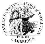 Postmark showing HMS Beagle, turtle & ape.