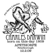 Postmark showing cartoon ape with face of Darwin.