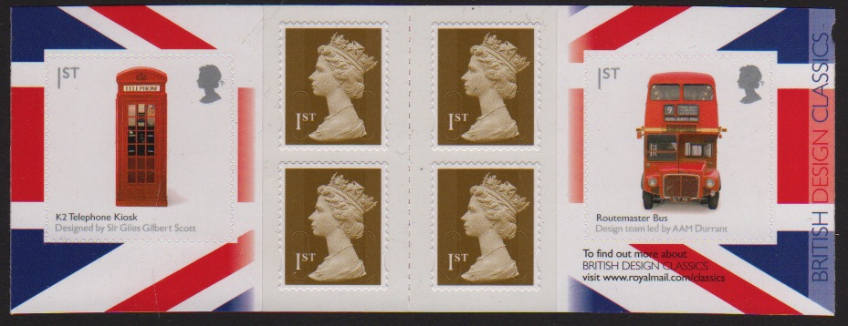 booklet of 6 x 1st class self-adhesive stamps inc Bus and Phone box Design Classics stamps.