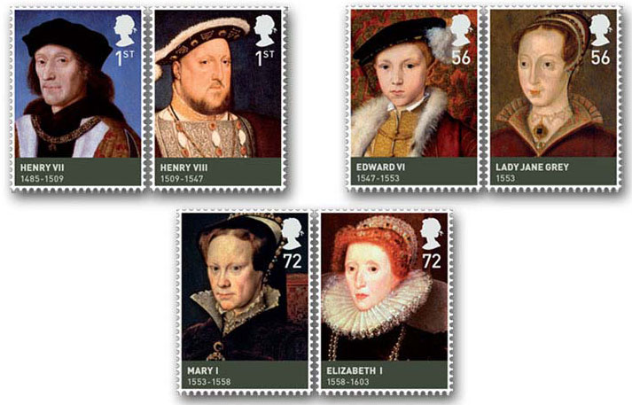 Set of 6 stamps showing Kings Henry VII, VIII, Edward VI, Lady Jane Grey, Mary I, Elizabeth I.