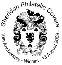 postmark illustrated with Sheridan Coat of Arms.