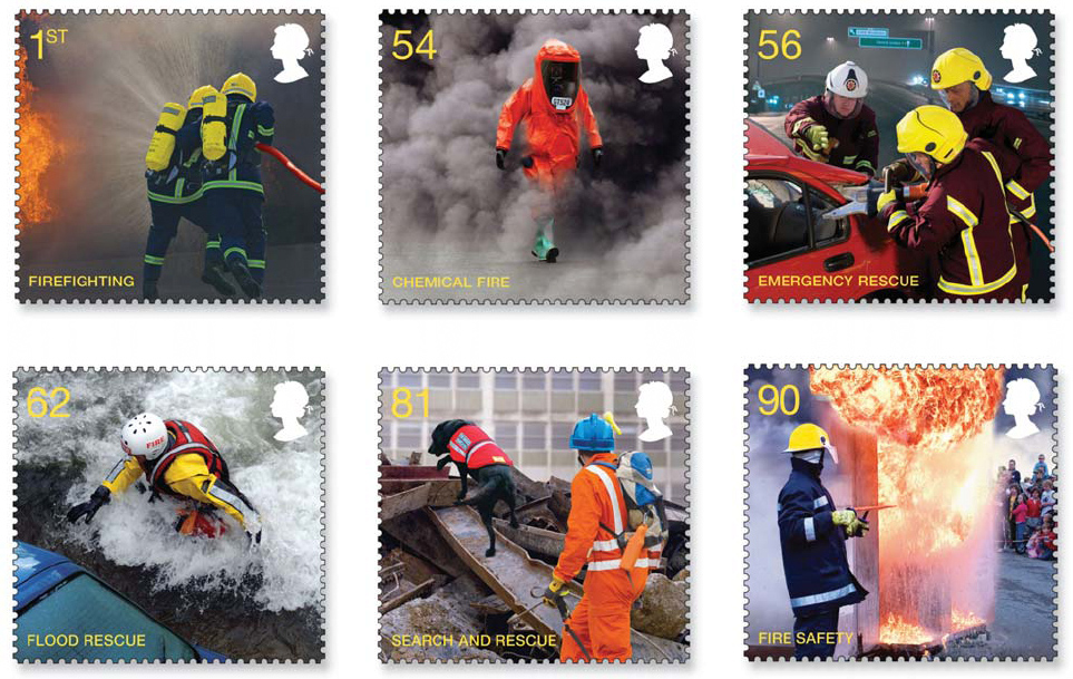 Set of 6 new british stamps showing images of the fire service.