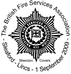 Postmark showing badge of the British Fire Services Association.