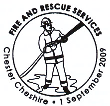 Chester postmark showing fireman with hose.