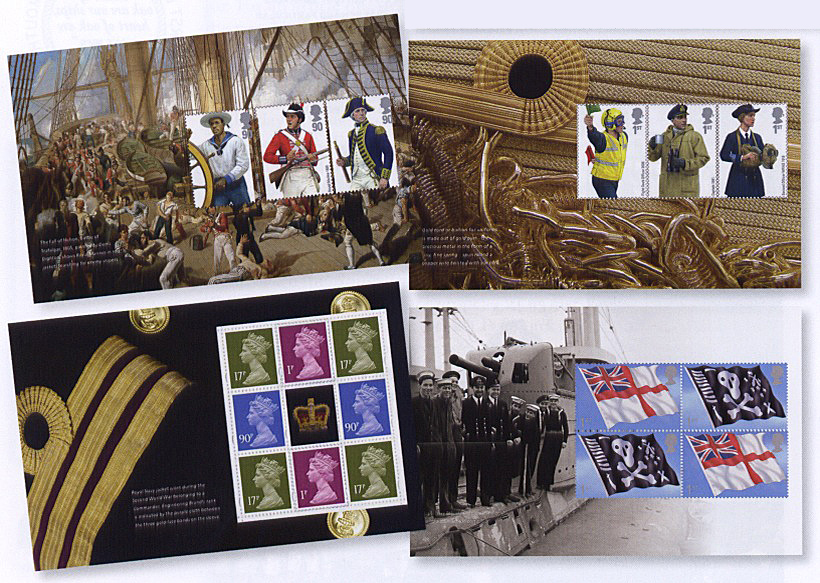 Panes from Royal Mail's Royal Navy Uniforms Prestige Stamp Book.