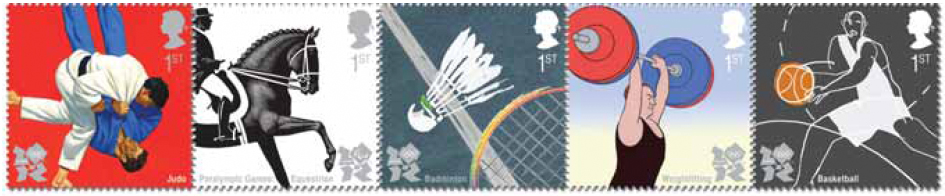 Pre-olympic stamps showing Judo, paralympic equestrian, badminton, weightlifting and basketball.