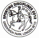 postmark showing horse & rider, olympic equestrianism.