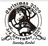 Postmark showing Stained Glass Angel by William Morris, Church of St James, Staveley.