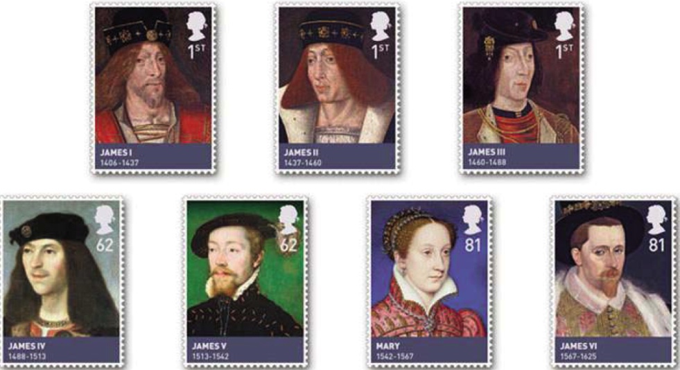 Set of 7 stamps showing Kings James I - VI and Queen Mary.