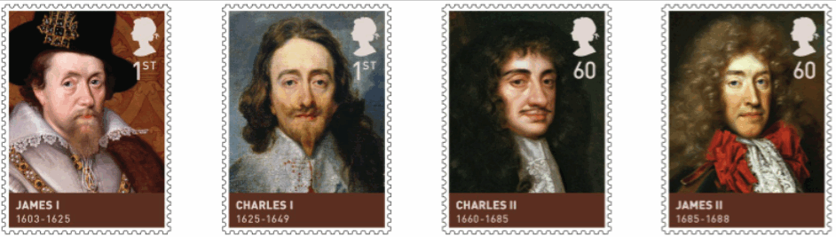 4 of 7 stamps showing Kings James I & II and Charles I & II.