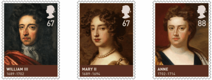 3 of 7 stamps showing King William III, Queens Mary II and Anne.
