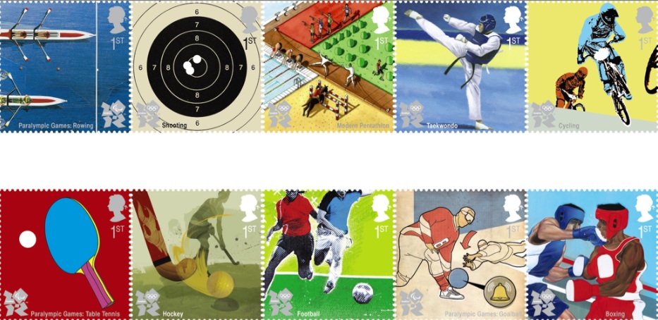 Pre-olympic stamps showing Rowing, Shooting, Modern Pentathlon, Taekwondo, Cycling, Table Tennis, Hockey, Football, Goalball, Boxing.