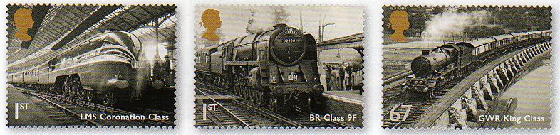 Three of 6 new british stamps showing vintage steam locomotives.