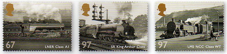 Three of 6 new british stamps showing vintage steam locomotives.