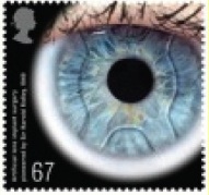 Medical Breakthroughs 67p stamp showing an eye.