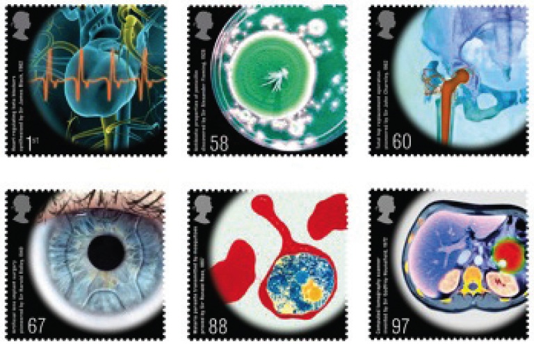 Set of 6 new British stamps showing images symbolising medicine.