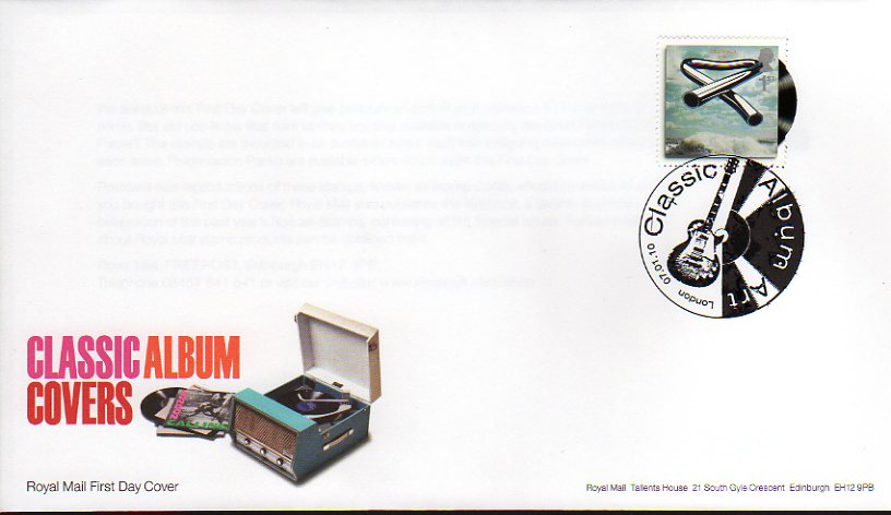 Mike Oldfield Tubular Bells Classic album stamp on fdc London postmark.