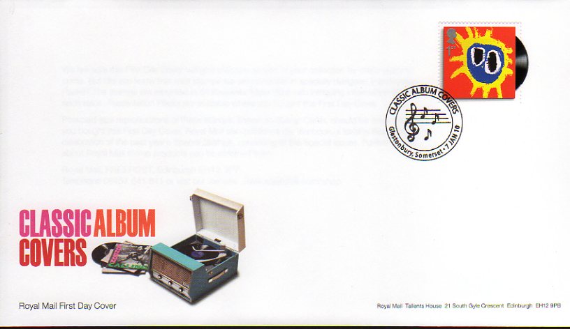 Primal Scream Screamadelica Classic Albums stamp on fdc with Glastonbury postmark.