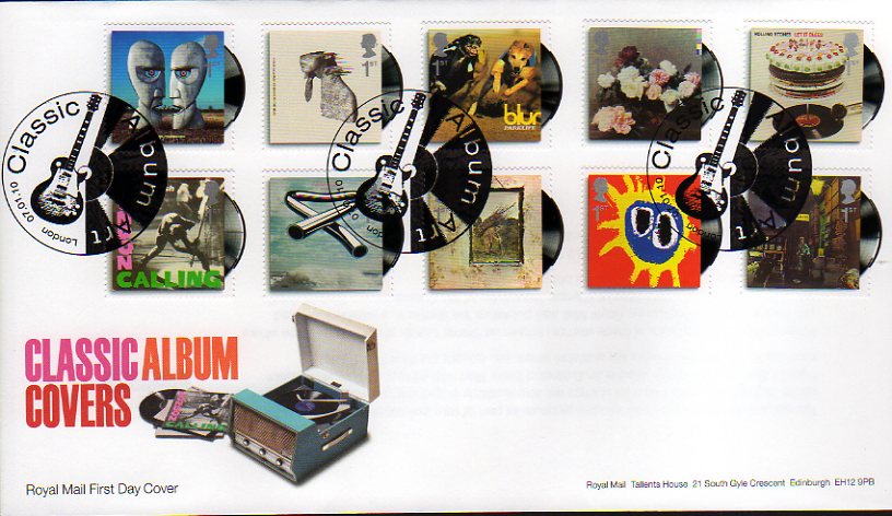 Classic albums stamps on first day cover with London guitar postmark.