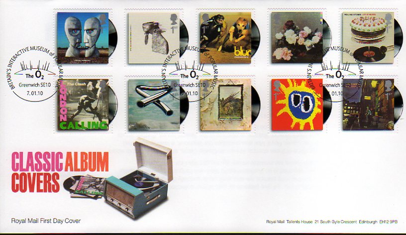 Classic albums stamps on FDC with O2 Dome Greenwich postmark.