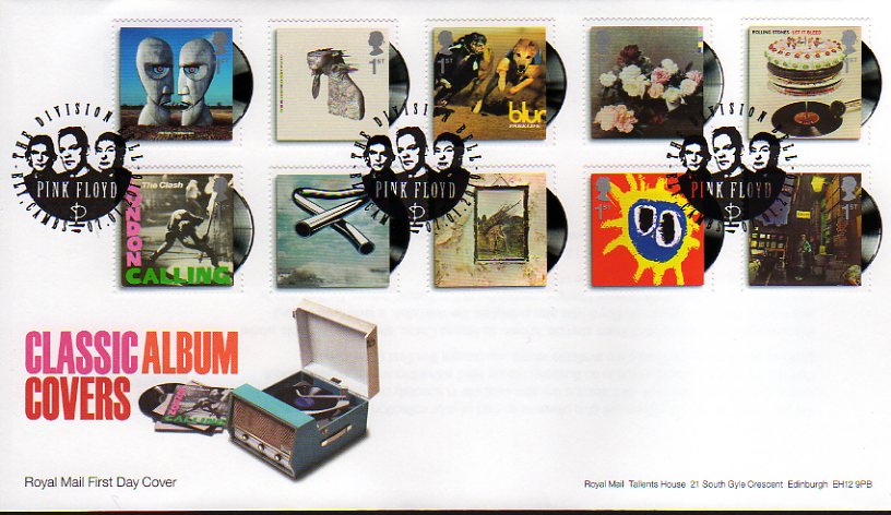 Classic Album stamps on fdc with Pink Floyd The Division Bell, Ely, postmark.