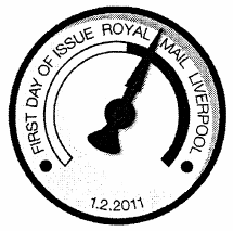 Official first day of issue postmark showing locomotive speedn gauge.