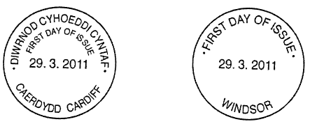 Non-pictorial first day postmarks for Cardiff & Windsor.