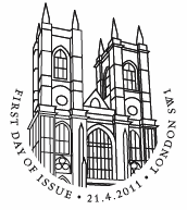 Official first day postmark showing Westminster Abbey.