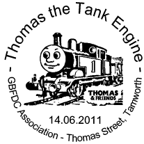 Postmark showing Thomas & Friends logo.
