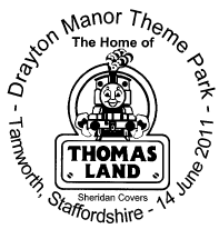 Postmark showing logo of Drayton Manor Thomas Land.