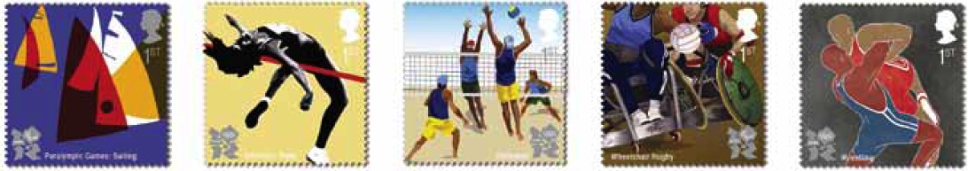 Olympic & paralympic stamps - paralympic sailing, athletics field, beach volleyball, wheelchair rugby, wrestling.