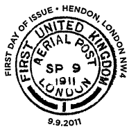 postmark illustrated 1911 First United Kingdom Aerial Post postmark.