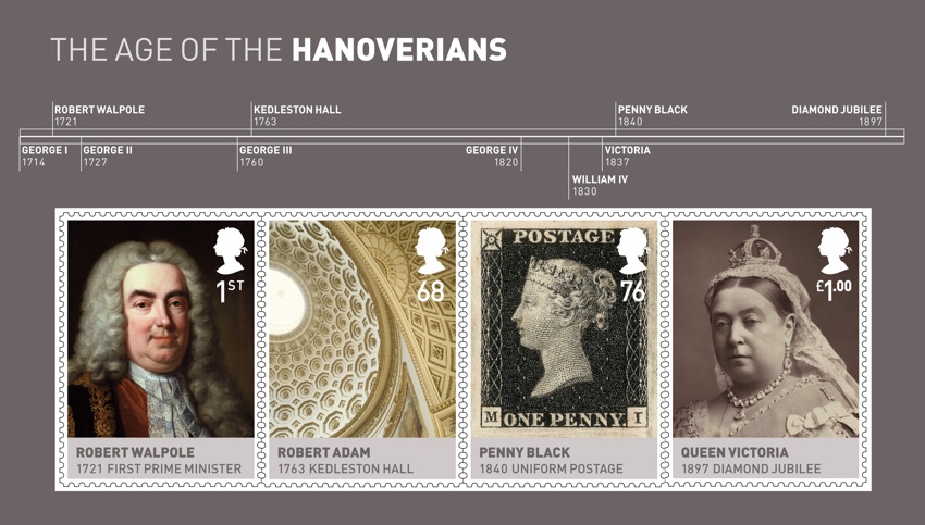House of Hanover Miniature sheet of 4 stamps - Robert Walpole, Robert Adam, Kedleston Hall, The Penny Black, Uniform Postage, and Queen Victoria's diamond Jubilee.