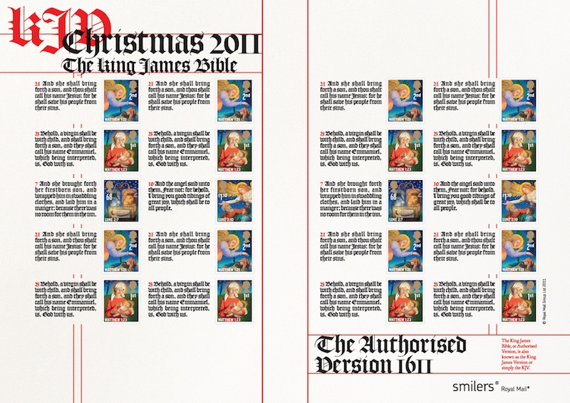 Royal Mail King James Bible Smilers stamp sheet.