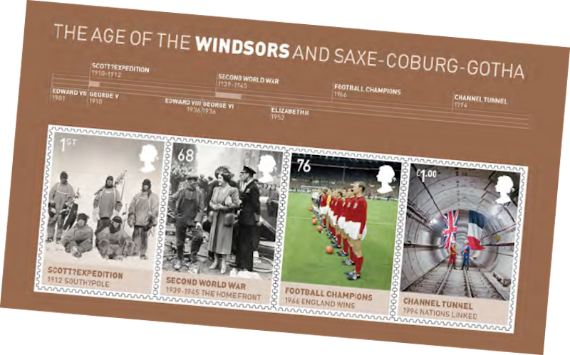 House of Windsor Miniature sheet of 4 stamps -  Scott of the Antarctic, World War 2, Football World Cup 1966, Channel Tunnel..