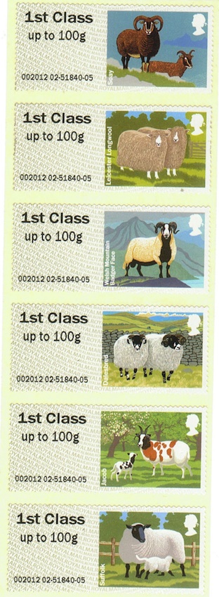 Vertical Hytech strip of 6 x 1st class Sheep Faststamps.