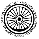 Official first day postmark showing locomotive wheel.