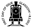 Official first day of issue postmark showing locomotive front view.